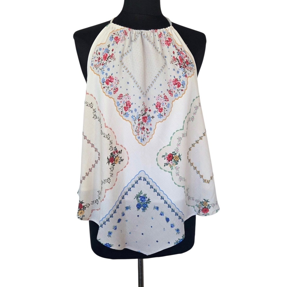 Floral Handkerchief Halter Top Shirt Open Back Lined Boho Hippie Size XL - XXL
